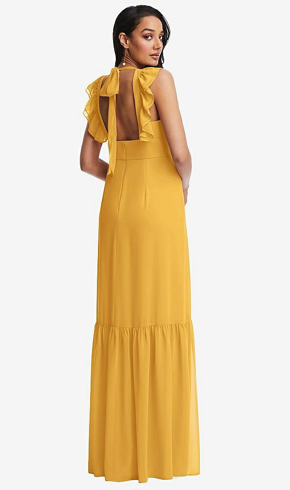 Back View - NYC Yellow Tiered Ruffle Plunge Neck Open-Back Maxi Dress with Deep Ruffle Skirt