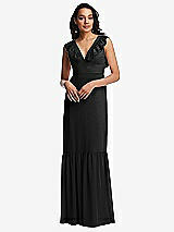 Front View Thumbnail - Black Tiered Ruffle Plunge Neck Open-Back Maxi Dress with Deep Ruffle Skirt