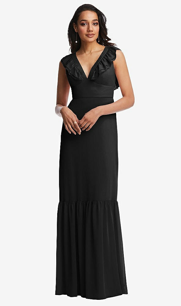 Front View - Black Tiered Ruffle Plunge Neck Open-Back Maxi Dress with Deep Ruffle Skirt