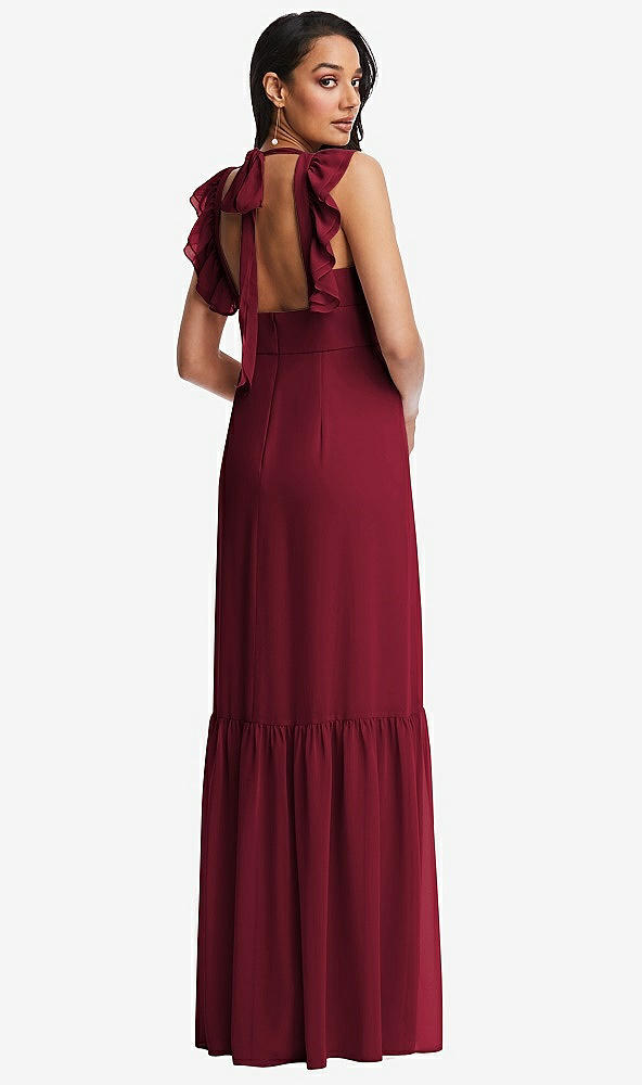 Back View - Burgundy Tiered Ruffle Plunge Neck Open-Back Maxi Dress with Deep Ruffle Skirt
