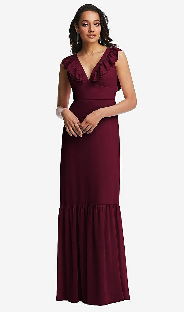 Front View - Cabernet Tiered Ruffle Plunge Neck Open-Back Maxi Dress with Deep Ruffle Skirt