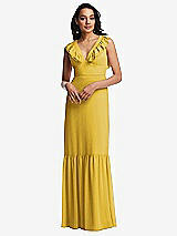 Front View Thumbnail - Marigold Tiered Ruffle Plunge Neck Open-Back Maxi Dress with Deep Ruffle Skirt
