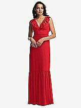 Front View Thumbnail - Parisian Red Tiered Ruffle Plunge Neck Open-Back Maxi Dress with Deep Ruffle Skirt