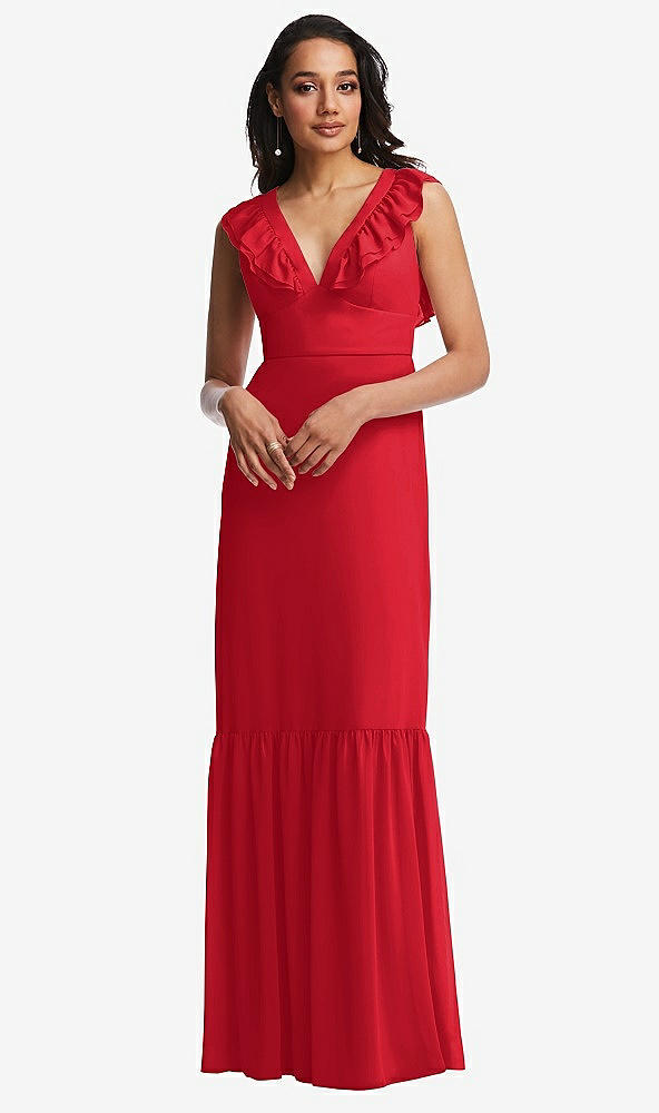 Front View - Parisian Red Tiered Ruffle Plunge Neck Open-Back Maxi Dress with Deep Ruffle Skirt