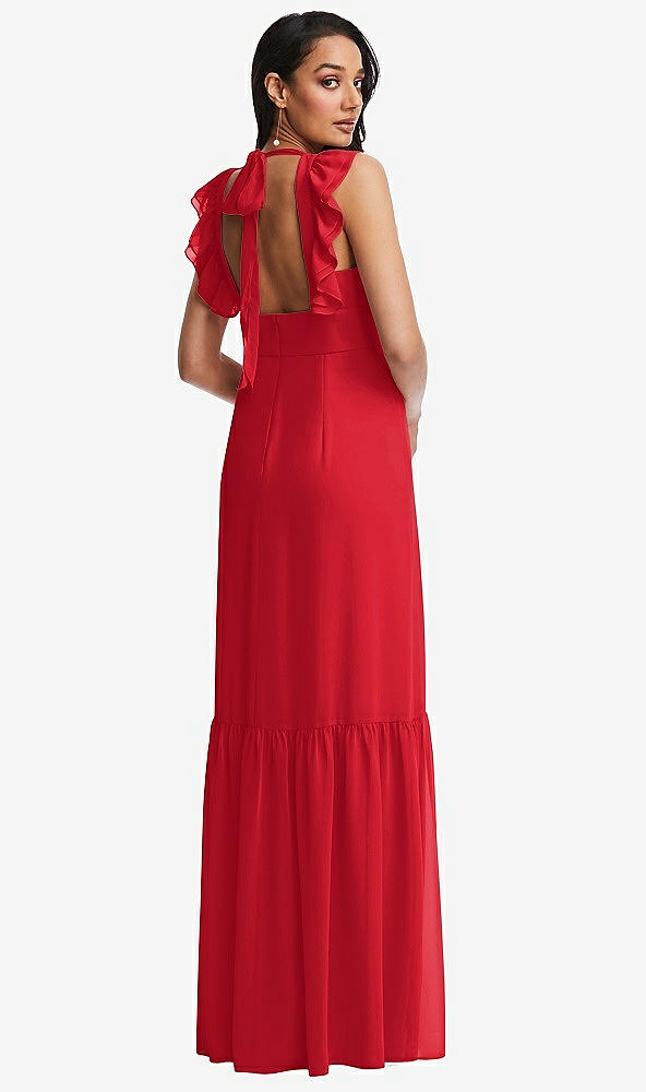 Back View - Parisian Red Tiered Ruffle Plunge Neck Open-Back Maxi Dress with Deep Ruffle Skirt