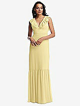Front View Thumbnail - Pale Yellow Tiered Ruffle Plunge Neck Open-Back Maxi Dress with Deep Ruffle Skirt