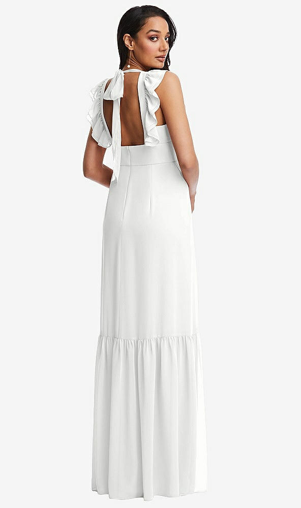 Back View - White Tiered Ruffle Plunge Neck Open-Back Maxi Dress with Deep Ruffle Skirt