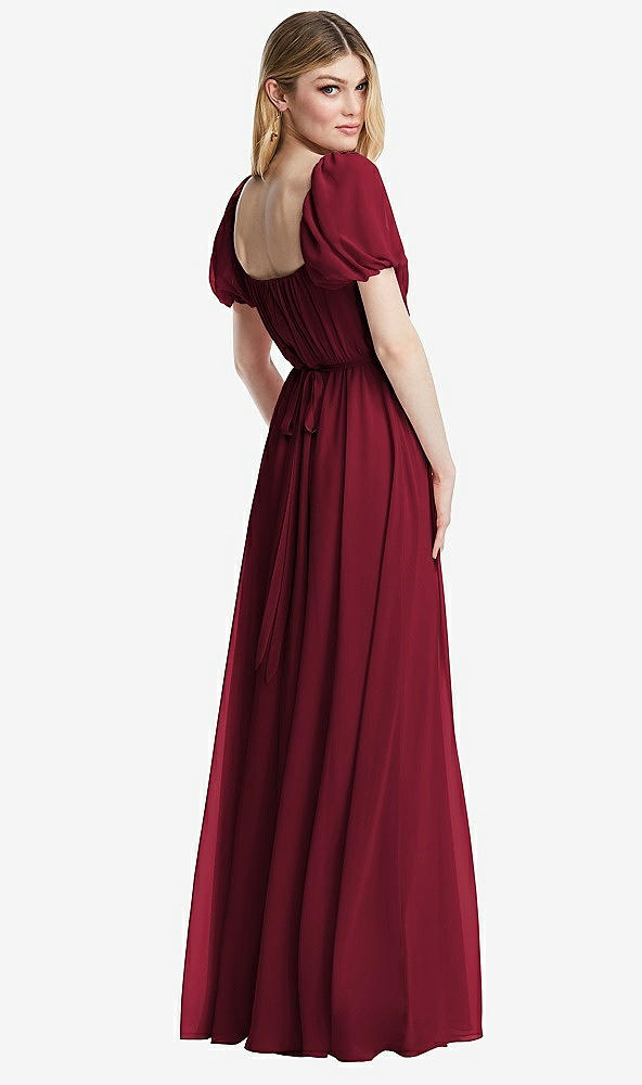 Back View - Burgundy Regency Empire Waist Puff Sleeve Chiffon Maxi Dress
