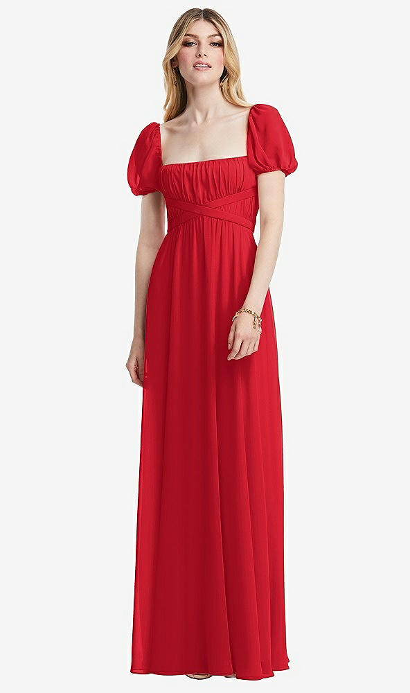 Front View - Parisian Red Regency Empire Waist Puff Sleeve Chiffon Maxi Dress