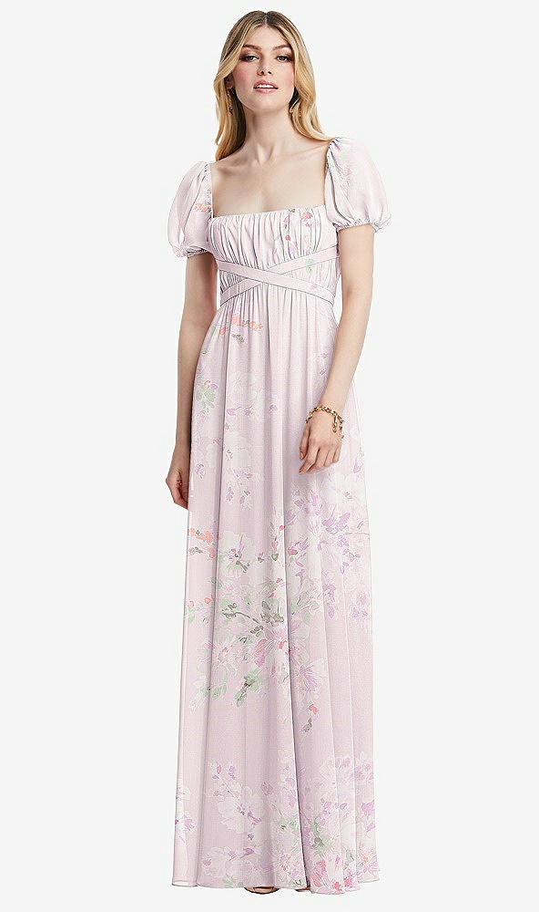Front View - Watercolor Print Regency Empire Waist Puff Sleeve Chiffon Maxi Dress