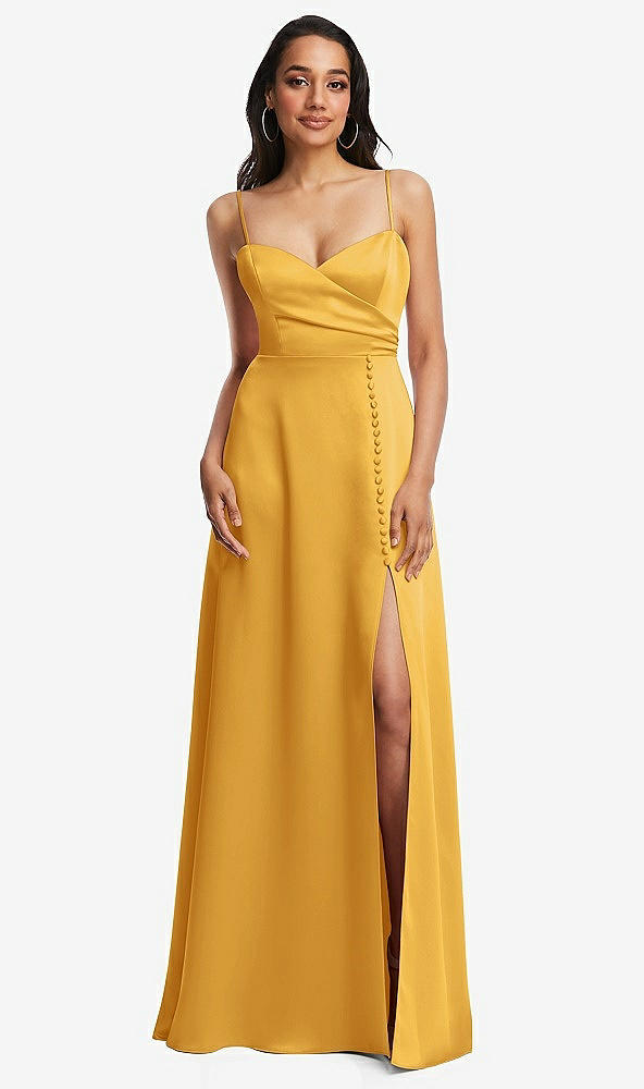 Front View - NYC Yellow Adjustable Strap Faux Wrap Maxi Dress with Covered Button Details