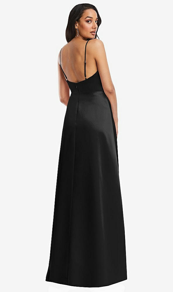 Back View - Black Adjustable Strap Faux Wrap Maxi Dress with Covered Button Details