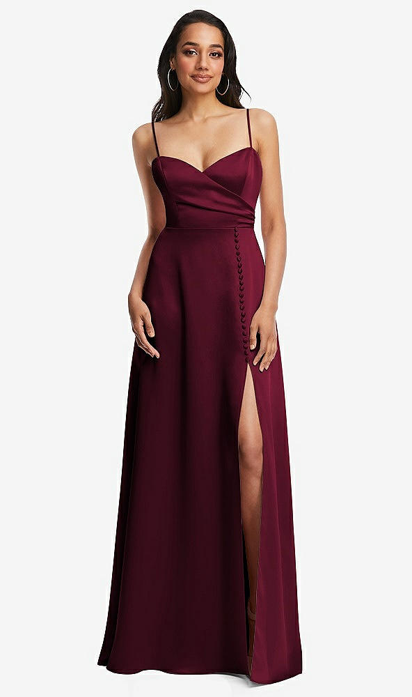Front View - Cabernet Adjustable Strap Faux Wrap Maxi Dress with Covered Button Details
