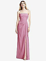 Front View Thumbnail - Powder Pink Strapless Pleated Faux Wrap Trumpet Gown with Front Slit