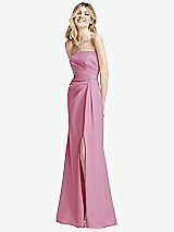 Side View Thumbnail - Powder Pink Strapless Pleated Faux Wrap Trumpet Gown with Front Slit