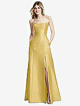Front View Thumbnail - Maize Strapless A-line Satin Gown with Modern Bow Detail