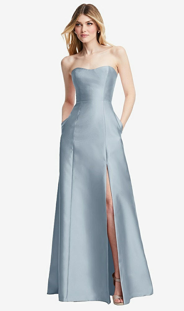 Front View - Mist Strapless A-line Satin Gown with Modern Bow Detail