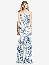 Front View Thumbnail - Cottage Rose Dusk Blue Shirred Bodice Strapless Chiffon Maxi Dress with Optional Straps