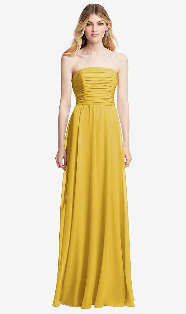 Front View - Marigold Shirred Bodice Strapless Chiffon Maxi Dress with Optional Straps