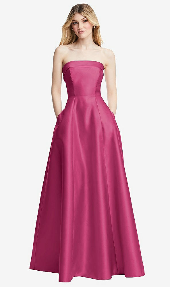 Front View - Tea Rose Strapless Bias Cuff Bodice Satin Gown with Pockets