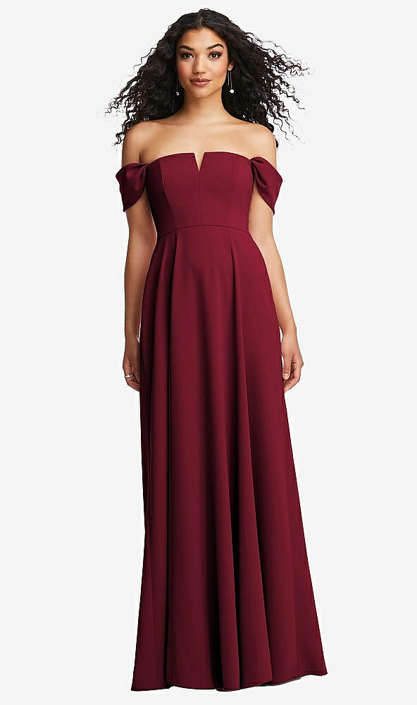 Front View - Burgundy Off-the-Shoulder Pleated Cap Sleeve A-line Maxi Dress