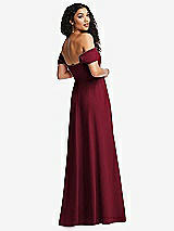 Rear View Thumbnail - Burgundy Off-the-Shoulder Pleated Cap Sleeve A-line Maxi Dress