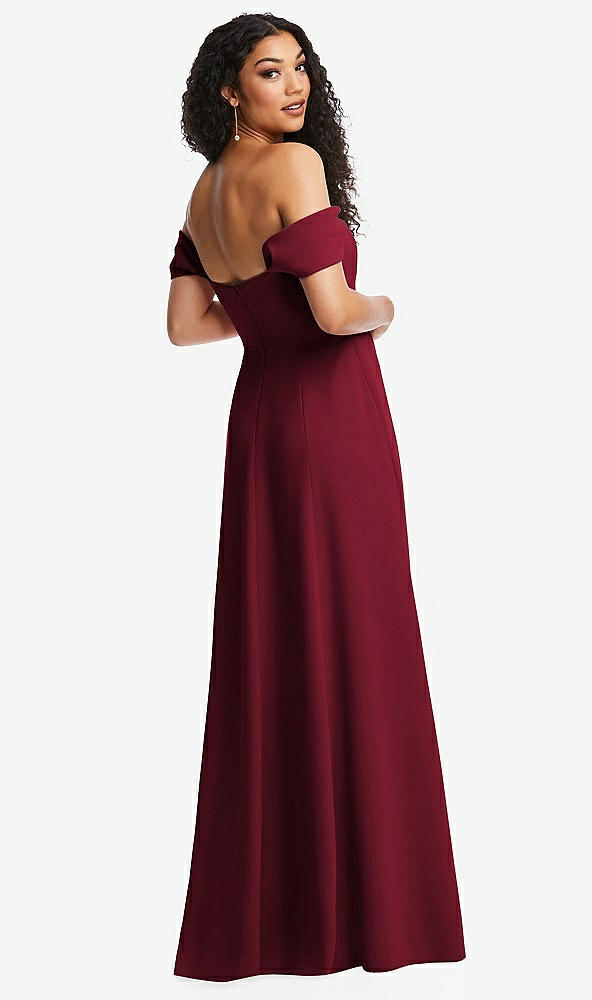 Back View - Burgundy Off-the-Shoulder Pleated Cap Sleeve A-line Maxi Dress