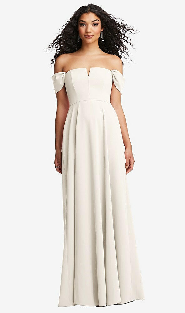 Front View - Ivory Off-the-Shoulder Pleated Cap Sleeve A-line Maxi Dress