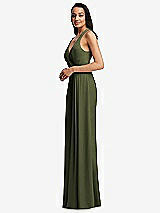 Side View Thumbnail - Olive Green Pleated V-Neck Closed Back Trumpet Gown with Draped Front Slit