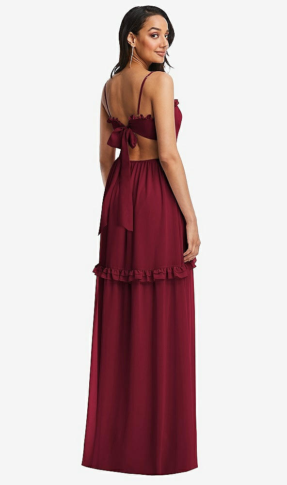 Back View - Burgundy Ruffle-Trimmed Cutout Tie-Back Maxi Dress with Tiered Skirt