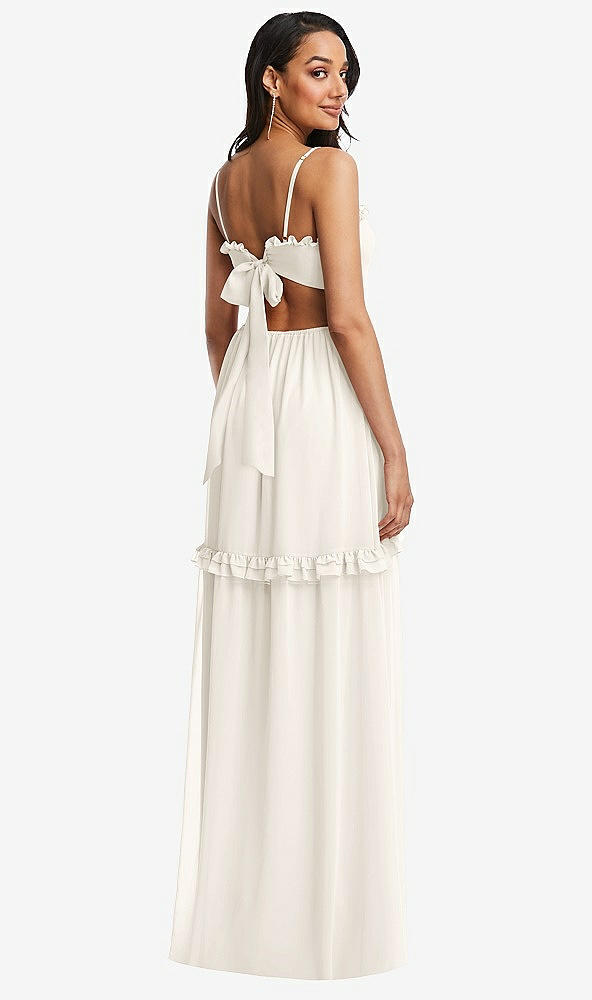 Back View - Ivory Ruffle-Trimmed Cutout Tie-Back Maxi Dress with Tiered Skirt