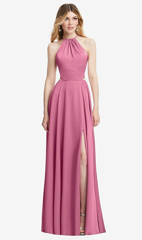 Front View - Orchid Pink Halter Cross-Strap Gathered Tie-Back Cutout Maxi Dress