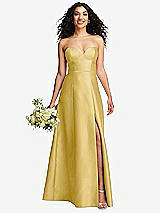 Front View Thumbnail - Maize Strapless Bustier A-Line Satin Gown with Front Slit