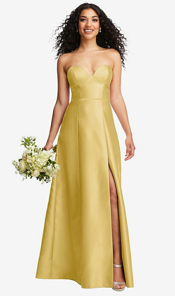 Front View - Maize Strapless Bustier A-Line Satin Gown with Front Slit