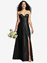 Front View Thumbnail - Black Strapless Bustier A-Line Satin Gown with Front Slit