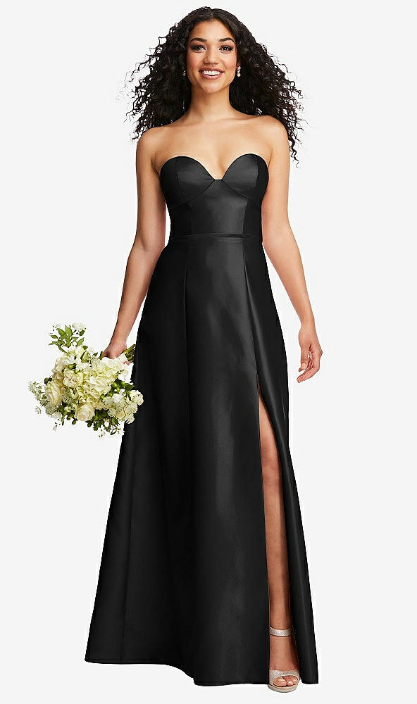 Front View - Black Strapless Bustier A-Line Satin Gown with Front Slit