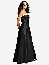 Side View Thumbnail - Black Strapless Bustier A-Line Satin Gown with Front Slit