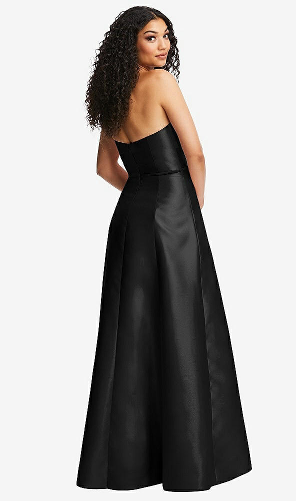 Back View - Black Strapless Bustier A-Line Satin Gown with Front Slit