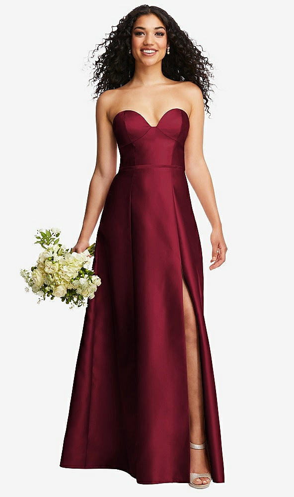 Front View - Burgundy Strapless Bustier A-Line Satin Gown with Front Slit