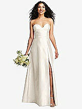 Front View Thumbnail - Ivory Strapless Bustier A-Line Satin Gown with Front Slit