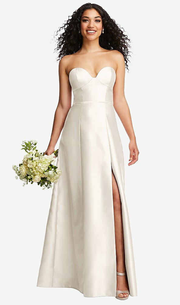 Front View - Ivory Strapless Bustier A-Line Satin Gown with Front Slit