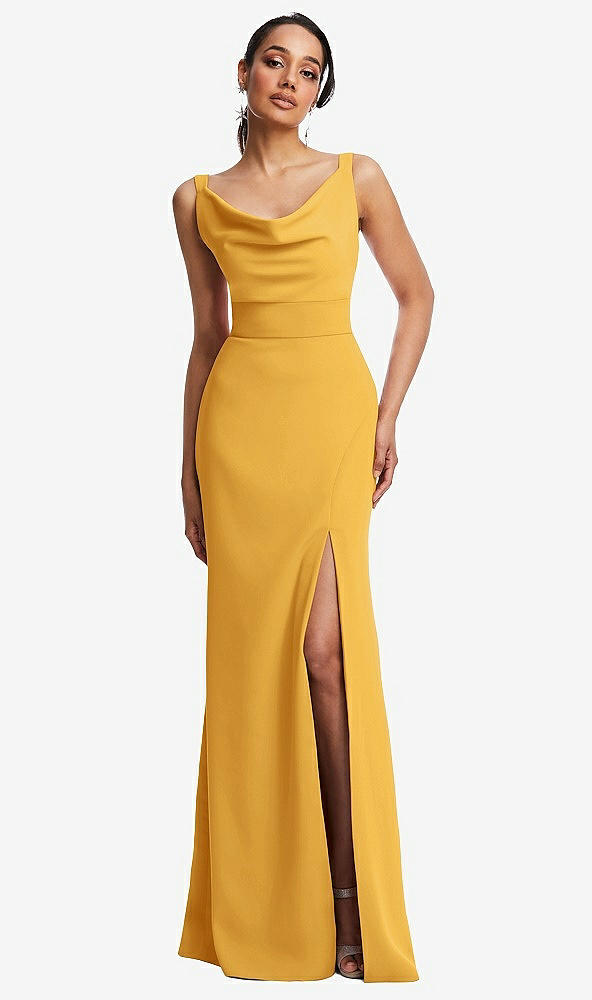 Front View - NYC Yellow Cowl-Neck Wide Strap Crepe Trumpet Gown with Front Slit