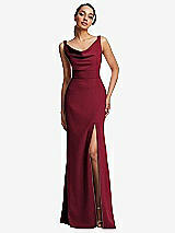 Front View Thumbnail - Burgundy Cowl-Neck Wide Strap Crepe Trumpet Gown with Front Slit