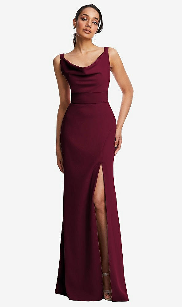 Front View - Cabernet Cowl-Neck Wide Strap Crepe Trumpet Gown with Front Slit