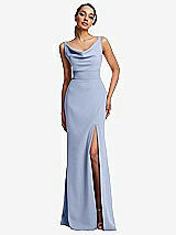 Front View Thumbnail - Sky Blue Cowl-Neck Wide Strap Crepe Trumpet Gown with Front Slit