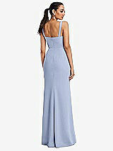 Rear View Thumbnail - Sky Blue Cowl-Neck Wide Strap Crepe Trumpet Gown with Front Slit
