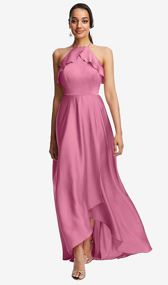 Front View - Orchid Pink Ruffle-Trimmed Bodice Halter Maxi Dress with Wrap Slit
