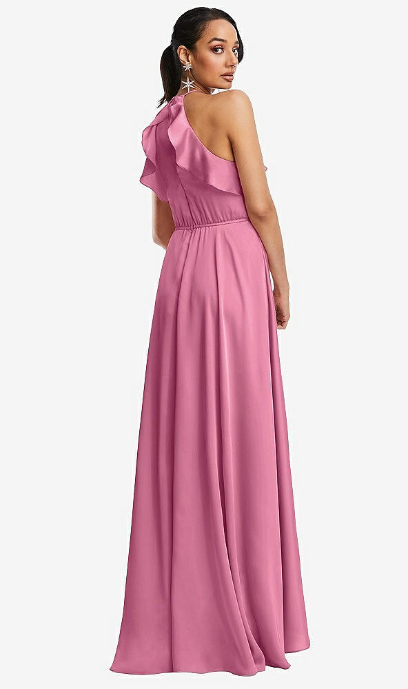 Back View - Orchid Pink Ruffle-Trimmed Bodice Halter Maxi Dress with Wrap Slit