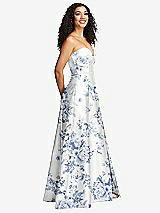 Side View Thumbnail - Cottage Rose Larkspur Strapless Bustier A-Line Floral Satin Gown with Front Slit