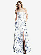Front View Thumbnail - Cottage Rose Larkspur Strapless A-line Floral Satin Gown with Modern Bow Detail